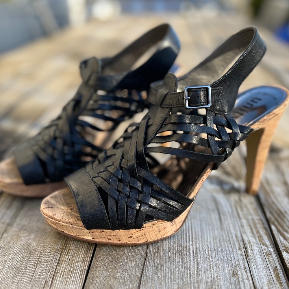 Cork & Black Leather Platform Sandals Strappy Heels Unity by Carlos Santana 9.5